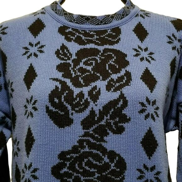 VTG 80s Blue Black Floral Sweater Womens Sz M Roses Pullover Crewneck Chunky - Picture 2 of 4